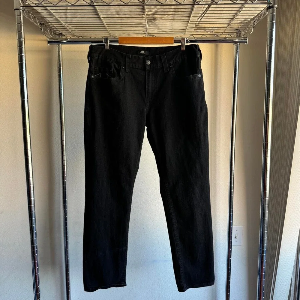 True Religion Geno Relaxed Slim Black Jeans Horseshoe Stitch Mens 36x31.5